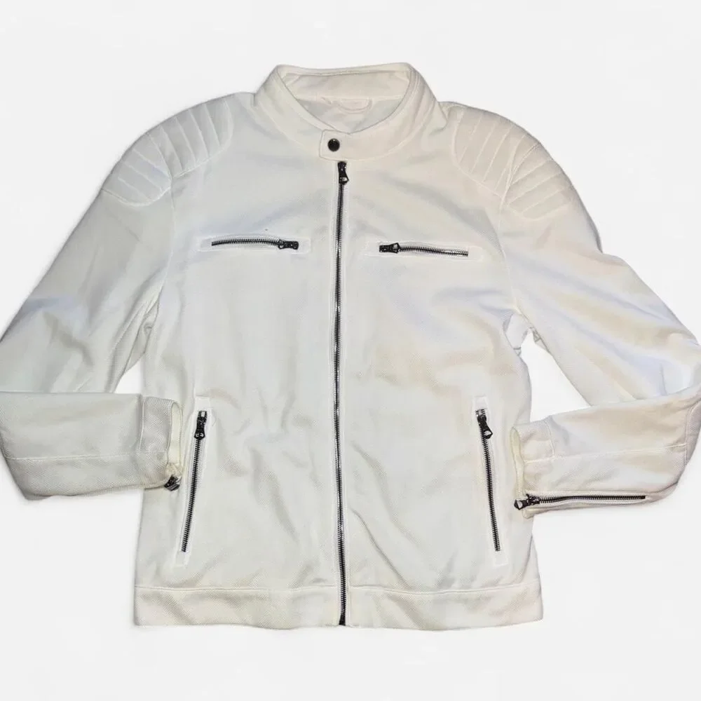 Zara Men's White Moto Racer Jacket SIZE LARGE